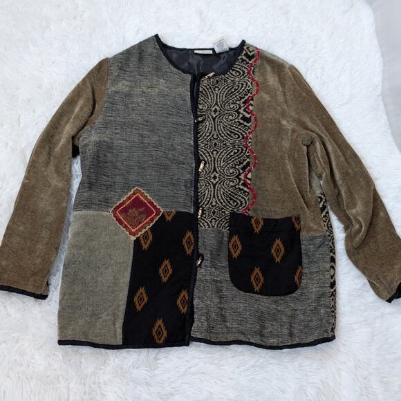 White Stag Patchwork Chenille Jacket L Boho Artsy Textured Button Front Coat - Picture 13 of 14